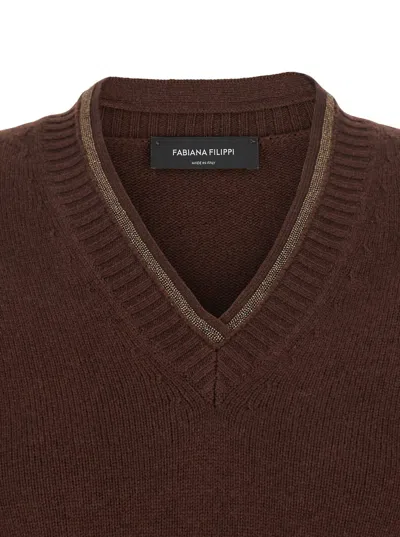 Fabiana Filippi Wool Silk Cashmere Blend V Neck Sweater In Brown