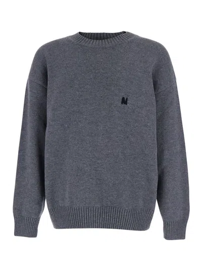 Msgm Grey Crew Neck Sweater With Front Logo In Wool Man In Gray