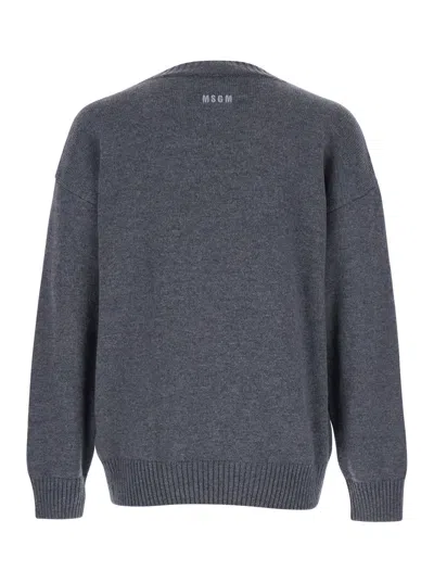 Msgm Grey Crew Neck Sweater With Front Logo In Wool Man In Gray