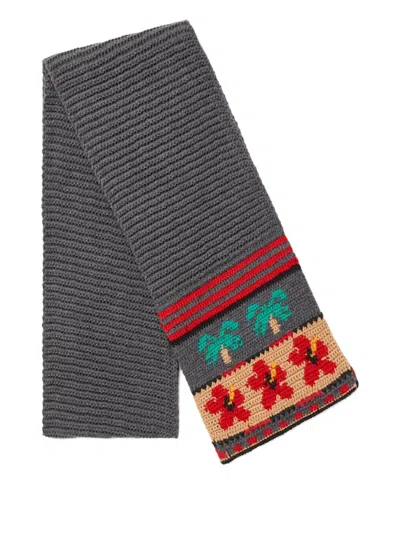Alanui Hibiscus Bloom Palm-tree Wool Scarf In Gray