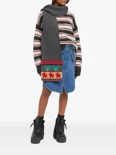 Alanui Hibiscus Bloom Palm-tree Wool Scarf In Gray