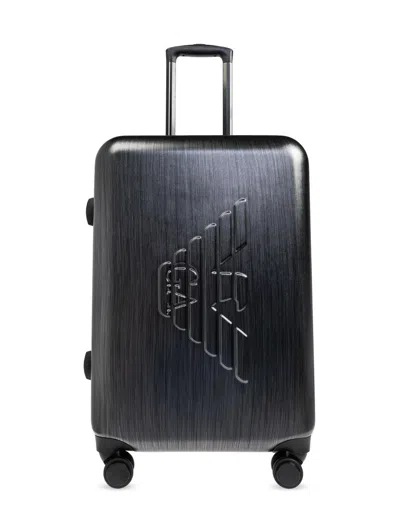 Emporio Armani Debossed-monogram Four Wheel Suitcase In Gray