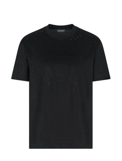 Emporio Armani Clubwear T-shirt In A Lyocell Blend Jersey With Rhinestones In Black