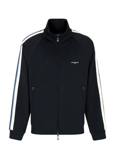 Emporio Armani High Neck Cotton Sweatshirt With Side Stripe In Blue