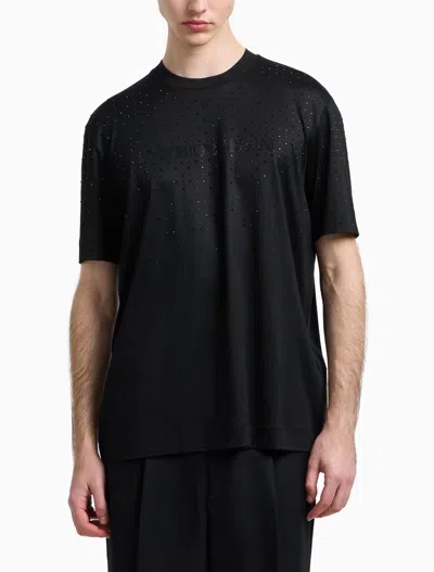Emporio Armani Clubwear T-shirt In A Lyocell Blend Jersey With Rhinestones In Black