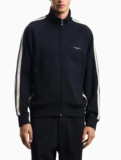 Emporio Armani High Neck Cotton Sweatshirt With Side Stripe In Blue