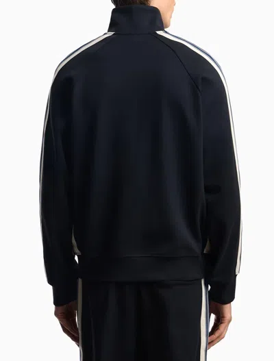 Emporio Armani High Neck Cotton Sweatshirt With Side Stripe In Blue