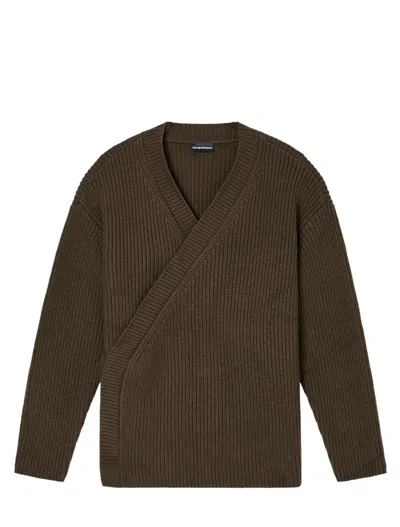 Emporio Armani Oversized Wool Cardigan With A Cache-coeur Closure In Green