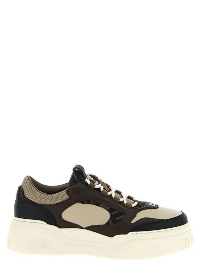 Fendi Force Leather Sneakers With Ff Jacquard And Mesh Details Shoes In Multi
