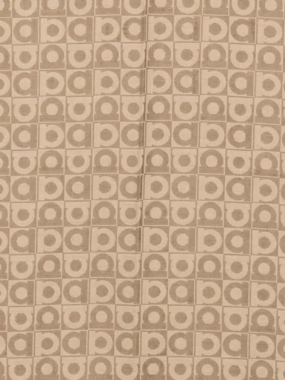 Ferragamo Wool Scarf With Frayed Edges And Geometric Pattern In Brown