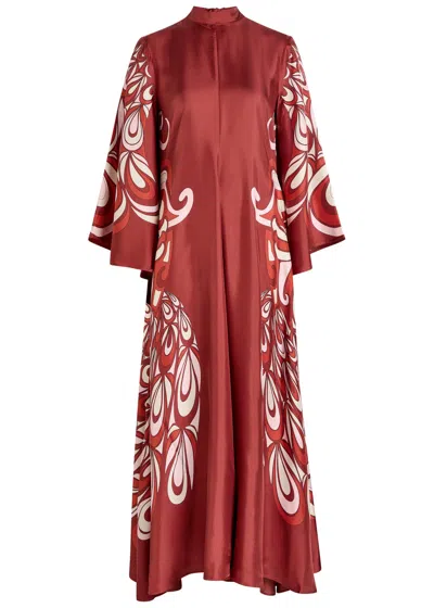 La Doublej La Double J Magnifico Printed Silk-twill Dress In Burgundy