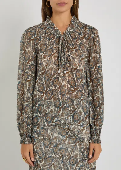 Veronica Beard Hickory Print Tie Neck Silk Blend Shirt In Multi