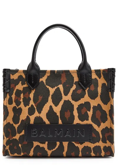 Balmain B-army Small Shopper Shoulder Bag In Leopard-print Canvas In Brown