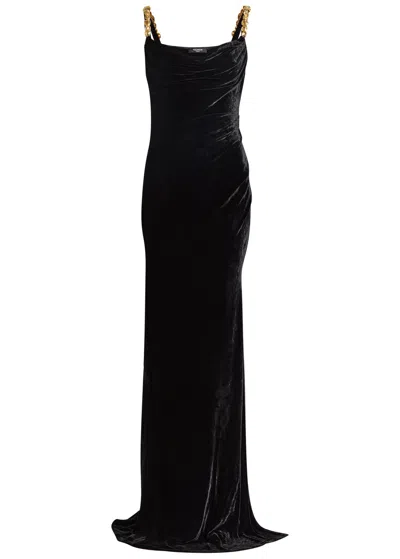 Balmain Button Cowl-neck Velvet Slit Maxi Dress In Black