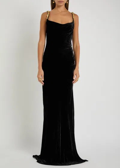 Balmain Button Cowl-neck Velvet Slit Maxi Dress In Black