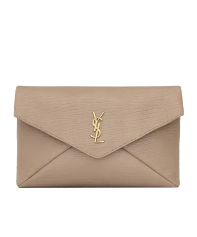 Saint Laurent Cassandre Large Envelope Pouch In Lambskin In Brown