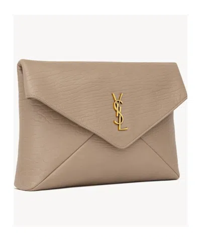 Saint Laurent Cassandre Large Envelope Pouch In Lambskin In Brown