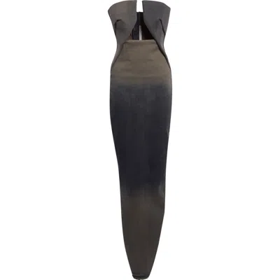 Rick Owens Abito Prong Strapless Gradient Denim Gown In Gray