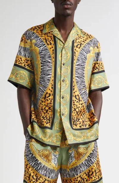 Versace Wild Cats Camp-collar Printed Silk-twill Shirt In Green