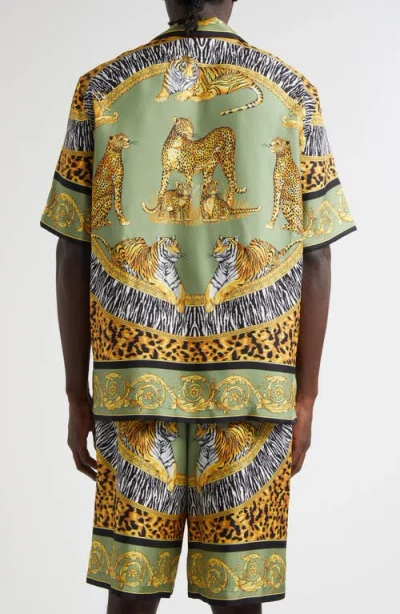 Versace Wild Cats Camp-collar Printed Silk-twill Shirt In Green