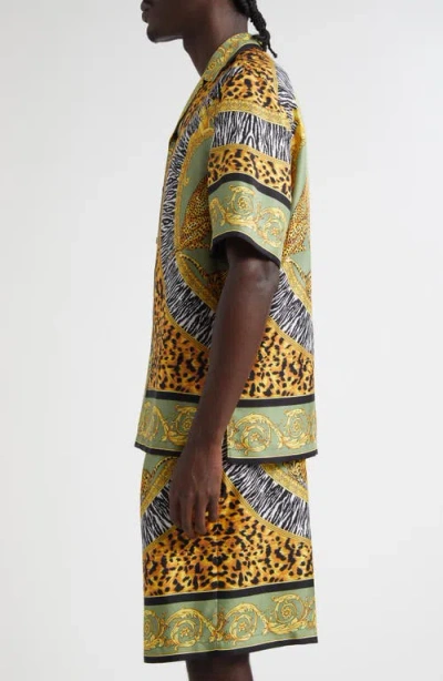 Versace Wild Cats Camp-collar Printed Silk-twill Shirt In Green