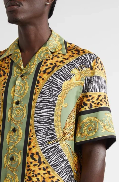 Versace Wild Cats Camp-collar Printed Silk-twill Shirt In Green