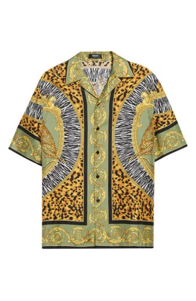 Versace Wild Cats Camp-collar Printed Silk-twill Shirt In Green