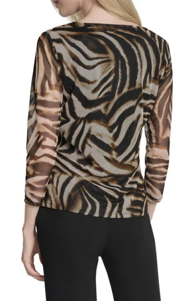 Dkny Women's 3/4-sleeve Printed Mesh V-neck Top