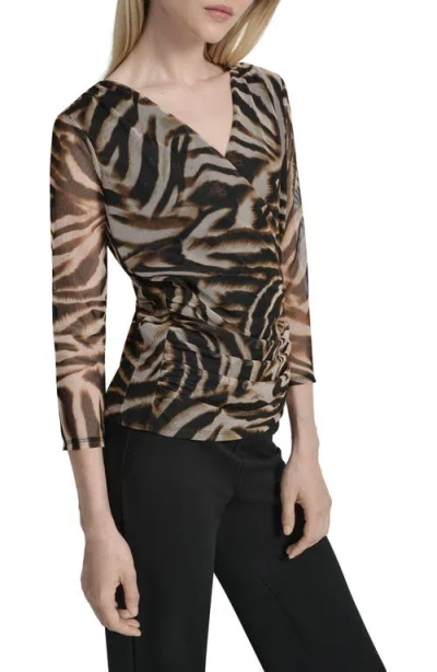Dkny Women's 3/4-sleeve Printed Mesh V-neck Top