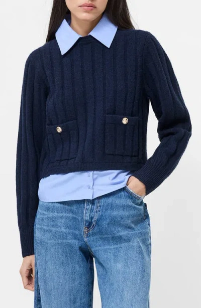 French Connection Ellie Knit Collared Pullover Sweater In Navy Blue In Blue