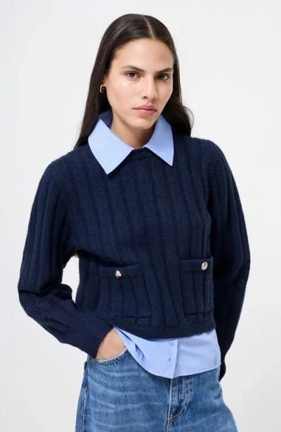 French Connection Ellie Knit Collared Pullover Sweater In Navy Blue In Blue