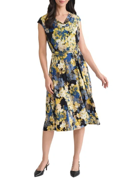 Kasper Cowl Neck Tie Waist Flare Dress In Multi