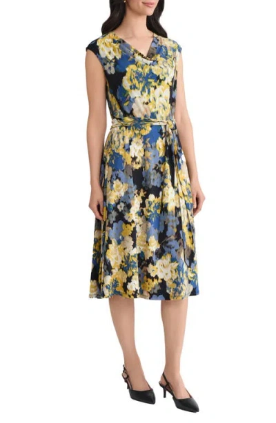 Kasper Cowl Neck Tie Waist Flare Dress In Multi