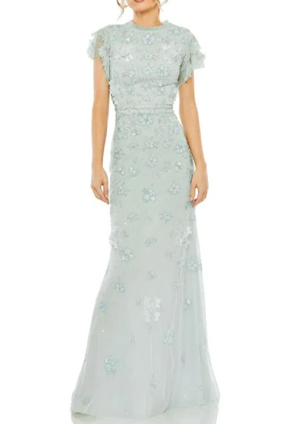 Mac Duggal Floral Embellished High Neck Flutter Sleeve Gown In Periwinkle