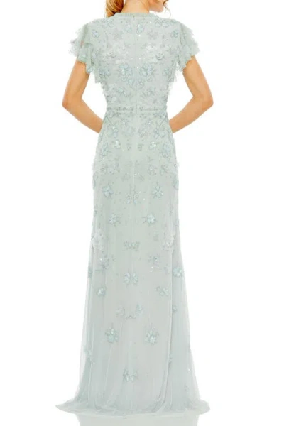 Mac Duggal Floral Embellished High Neck Flutter Sleeve Gown In Periwinkle