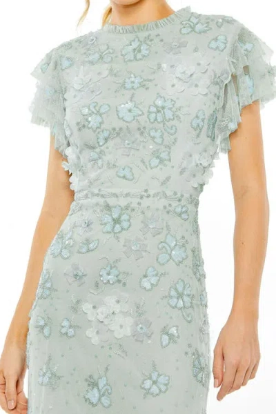 Mac Duggal Floral Embellished High Neck Flutter Sleeve Gown In Periwinkle