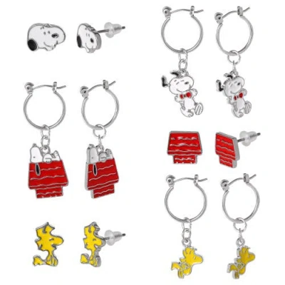 Peanuts Snoopy Enamel 6 Piece Earring Set, Studs And Hoops In Metallic
