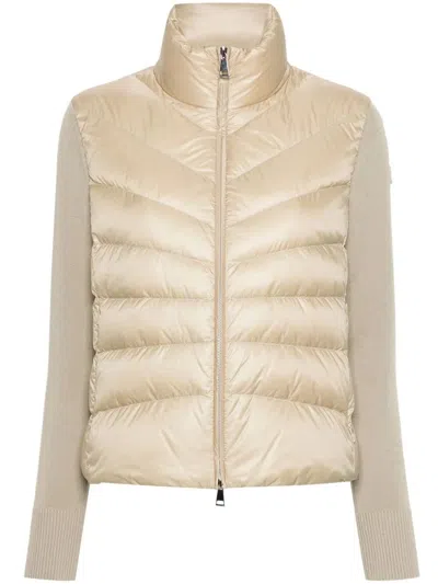 Moncler Quilted High Neck Two-material Cardigan With Feather Padding In Neutral