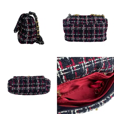 Pre-owned Chanel Navy Red Color White Tweed Shoulder Bag ()