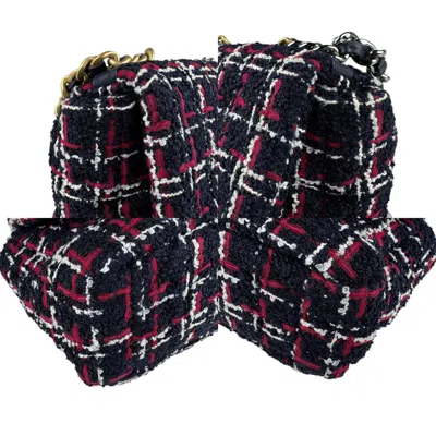 Pre-owned Chanel Navy Red Color White Tweed Shoulder Bag ()