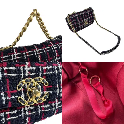 Pre-owned Chanel Navy Red Color White Tweed Shoulder Bag ()