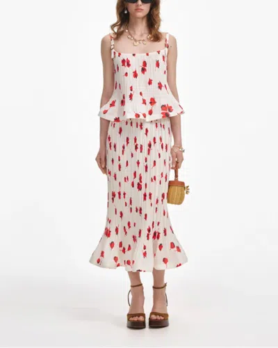 Self-portrait White Floral Plisse Midi Skirt White In White