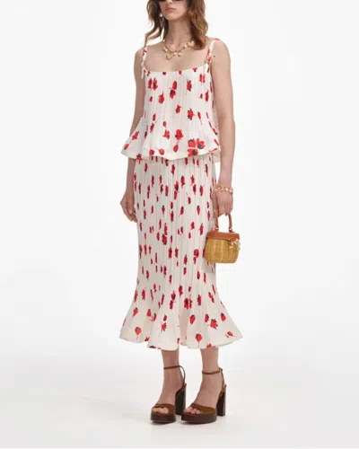 Self-portrait White Floral Plisse Midi Skirt White In White