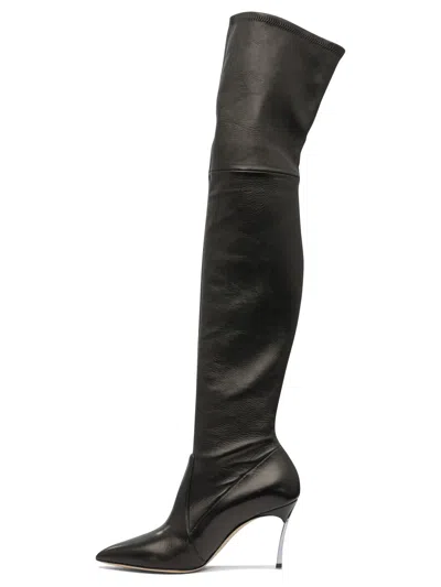 Casadei Pointed Toe Stiletto Heel Over-the-knee Boots In Black