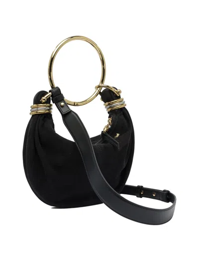 Chloé Bracelet Small Embellished Leather-trimmed Suede Shoulder Bag In Black