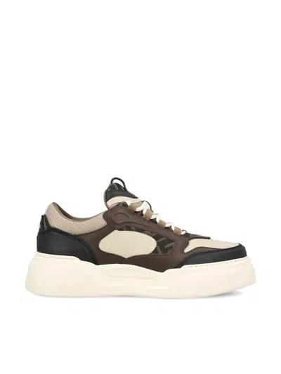 Fendi Force Leather Sneakers With Ff Jacquard And Mesh Details Shoes
