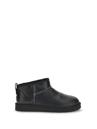 Ugg Classic Ultra Mini Leather Ankle Boots With Plush Lining In Black