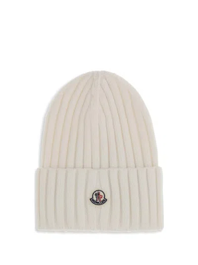 Moncler Ribbed Beanie With Embroidered Logo Detail In White