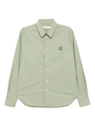 Maison Kitsuné Pointed Collar Relaxed Shirt With Distinctive Fox Patch In Green