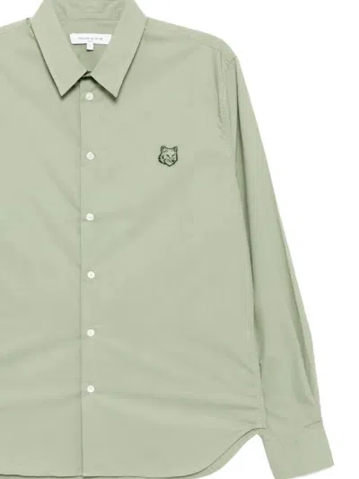 Maison Kitsuné Pointed Collar Relaxed Shirt With Distinctive Fox Patch In Green